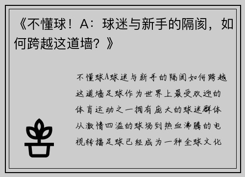 《不懂球！A：球迷与新手的隔阂，如何跨越这道墙？》